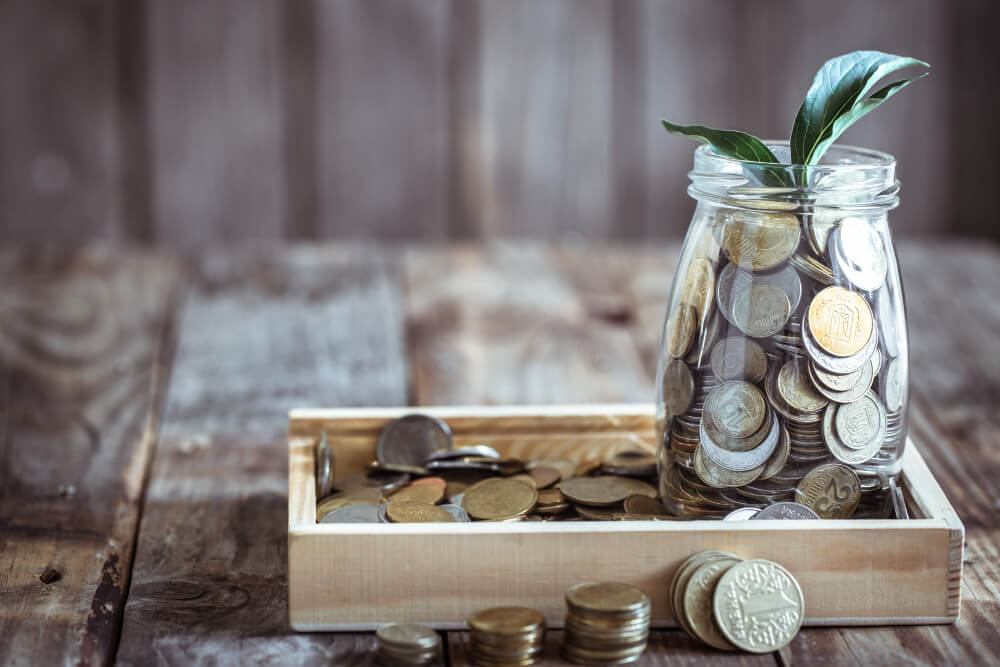A plant in a glass jar with coins as a symbol Child Care Subsidies
