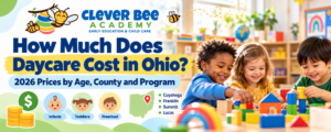 How much daycare costs in Ohio: three preschoolers building with colorful blocks in a Clever Bee Academy classroom