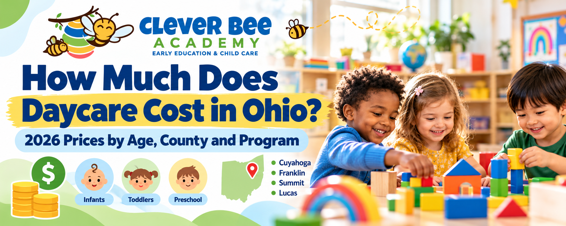 How much daycare costs in Ohio: three preschoolers building with colorful blocks in a Clever Bee Academy classroom
