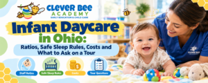 Infant daycare in Ohio: a smiling baby during tummy time with a Clever Bee Academy teacher