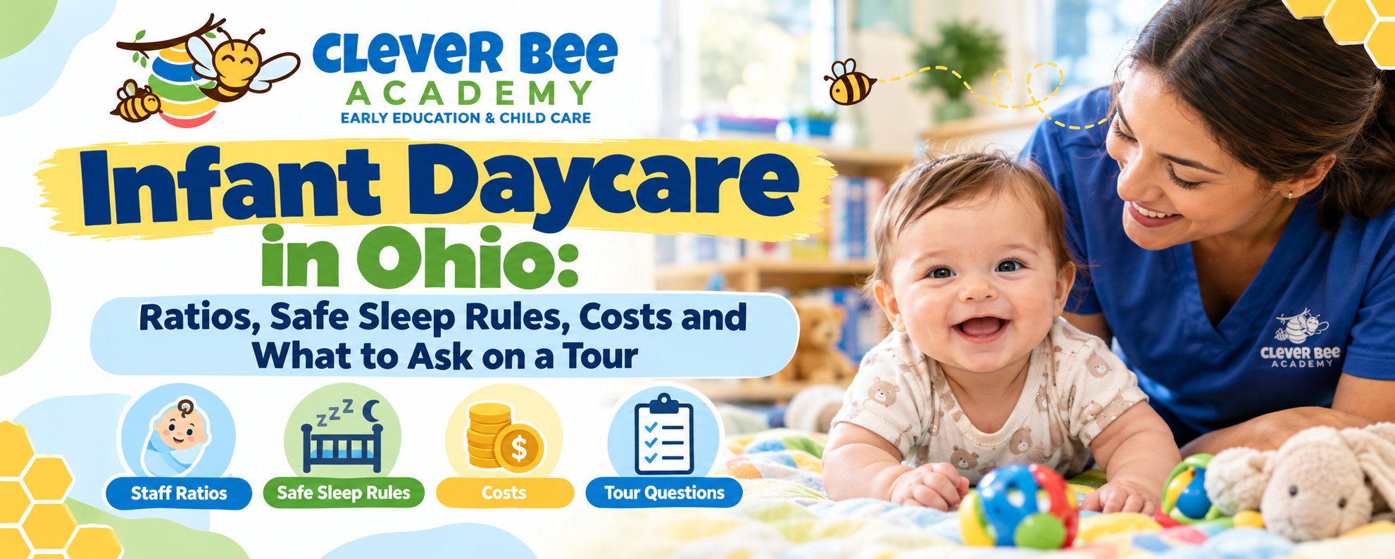 Infant daycare in Ohio: a smiling baby during tummy time with a Clever Bee Academy teacher