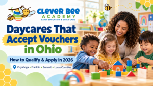 Daycares that accept vouchers in Ohio: a teacher and three preschoolers playing with building blocks at Clever Bee Academy